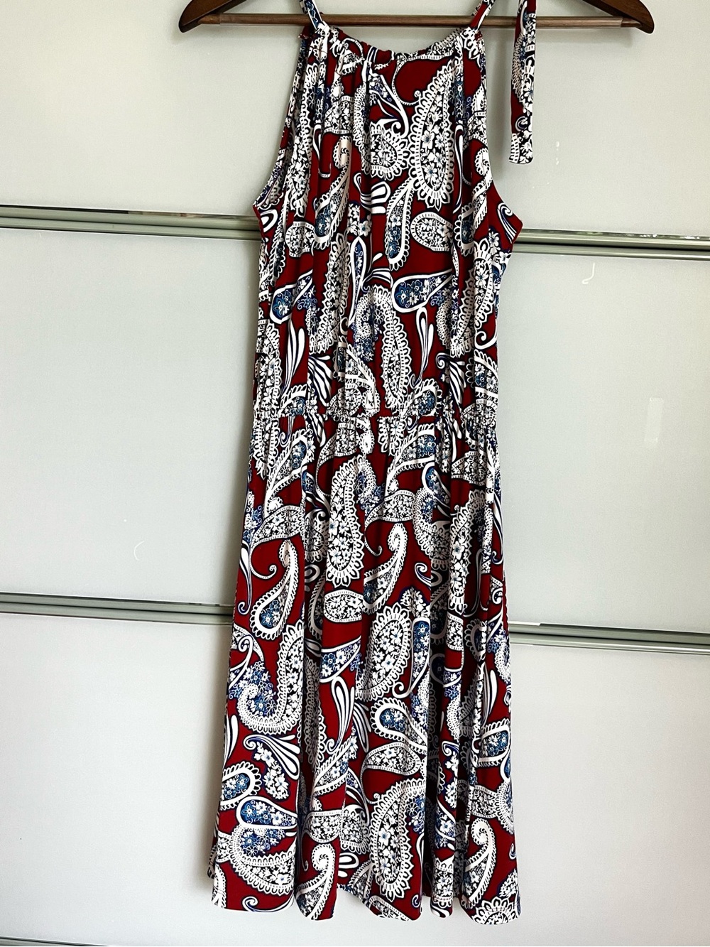 Banana Republic Rust & Light Blue Paisley Halter Midi Dress XS Halter Tie Neck